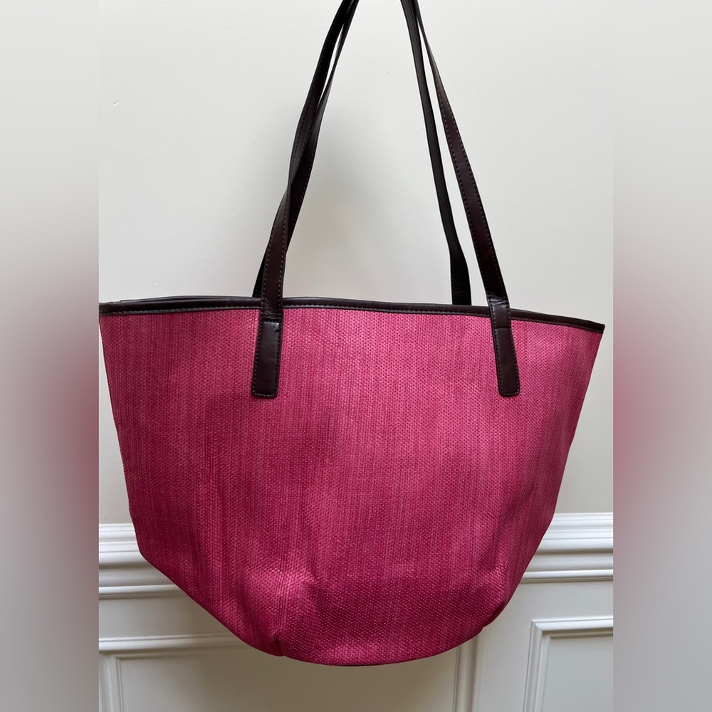 Neiman Marcus Pink and Brown Straw Summer Beach Tote Bag